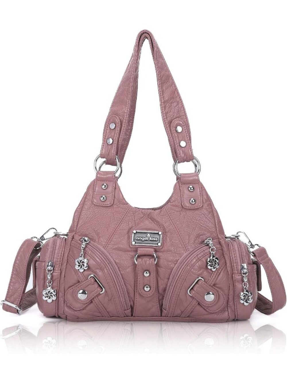 Women's Pink Vintage Washed Vegan Leather Multi-Pocket Crossbody Hobo Tote Bag